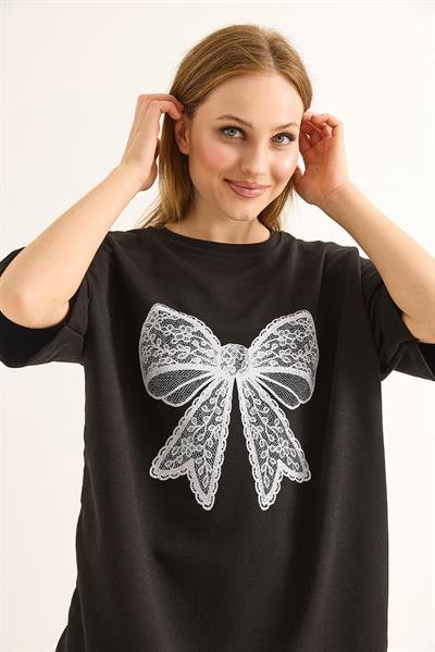Fiyonk Baskılı Oversize Kesim Tshirt Siyah