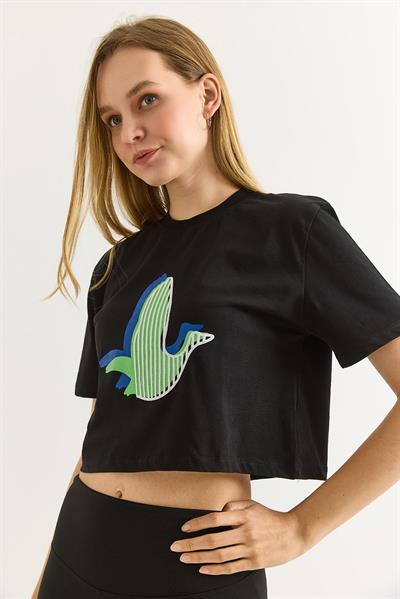 Karikatür Kuş Baskılı Pamuk Örme Crop Tshirt Siyah