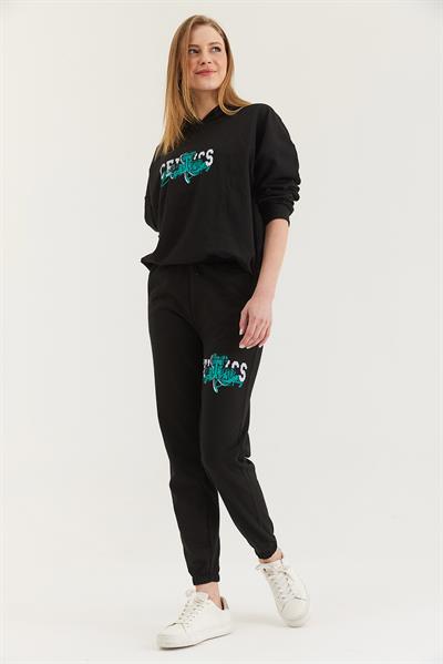 Kapüşonlu Baskılı Eşofman Takım Siyah
