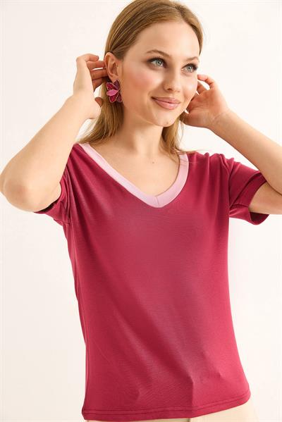 V Yaka  Kısa Kollu Kadın Kısa Tshirt Bordo