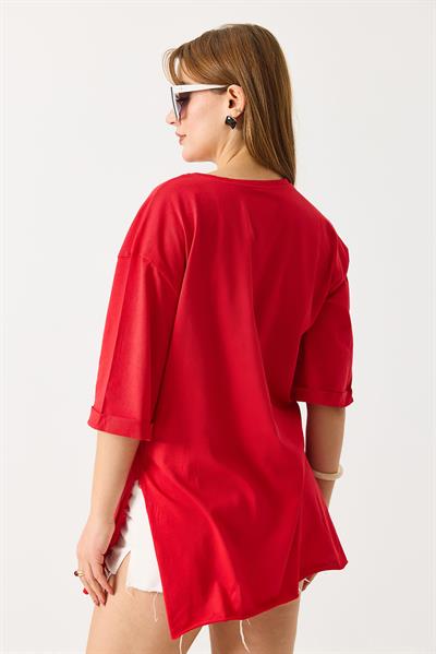 Kadın Yanları Yırtmaçlı Oversize  Basic Tshirt Kırmızı