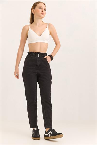 Yüksel Bel Beli Lastikli İki Düğmeli Kot Pantalon Siyah