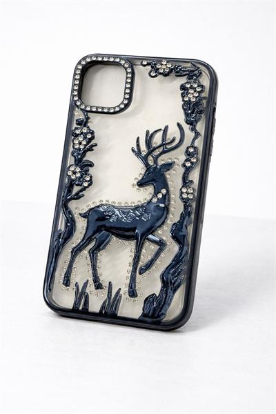 İphone 11 Uyumlu Geyik ve Çiçek Kabartmalı Kılıf Lacivert