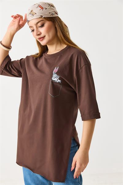 Kadın Yanları Yırtmaçlı Oversize  Basic Tshirt Kahverengi 