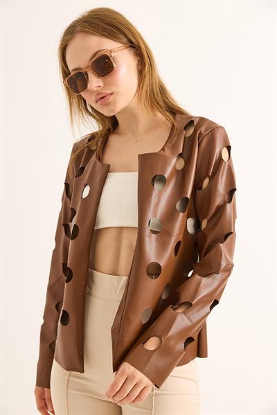 Lazer Kesim Delikli Model Ceket Kahverengi