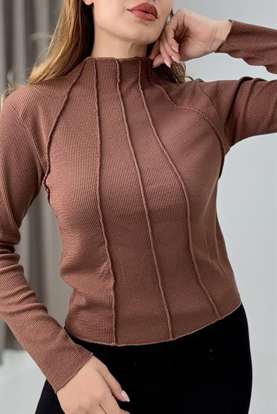 Kadın Dikiş Detaylu Esnek Uzun Kollu Bluz Kahverengi