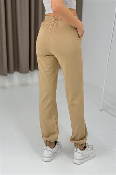 Kadın İki İplik Paçası Lastikli Eşofman Altı Vizon