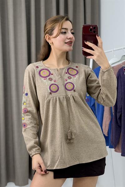 Kadın Vizon Triko Etnik Mor Çiçek Nakışlı Kazak