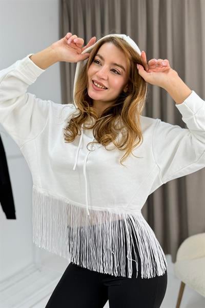 Kadın İp Saçaklı Kapuşonlu Sweatshirt Beyaz