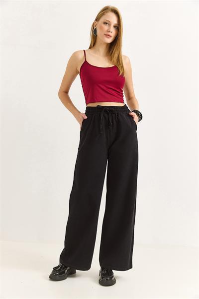 Kadın Pantalon Geniş Paça Bağcıklı  Pantalon Siyah