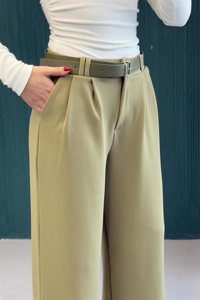Likralı Krep Örme Kumaş Kemerli Salaş Pantolon Yeşil