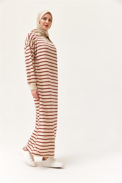 Yarım Fermuar Çizgili Uzun Elbise Bordo