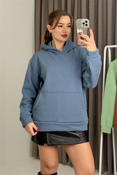 Üç İplik İndigo Şardonlu Kangru Cepli Kapişonlu Sweat