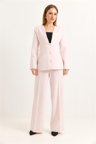 Astarlı Dokuma Blazer Ceketli Pembe Takım