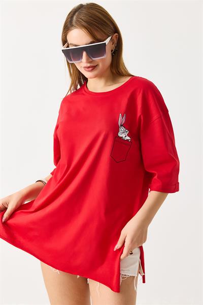 Kadın Yanları Yırtmaçlı Oversize  Basic Tshirt Kırmızı