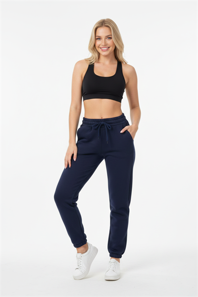 Kadın Kalın Kemerli Beli Paçası Lastikli Eşofman Altı  Lacivert