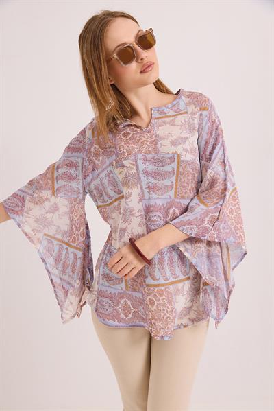 Desenli Yarasa Kol V Yaka Salaş Şifon Bluz Lila