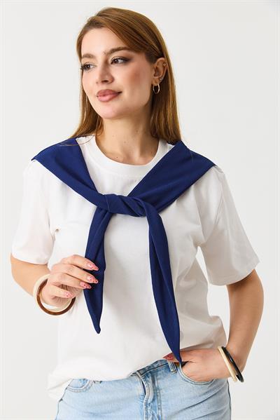 İki Renkli Lacivert Kaşkorse Şal  Bağlamalı Tshirt Beyaz