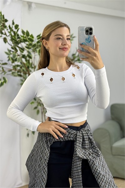 Kadın Uzun Kollu Kaşkorse  Mini  Dekolteli Taşlı Crop Bluz