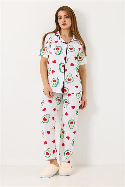 Kadın Kısa Kollu Avokado Baskılı  Düğmeli Pijama Takımı  Beya