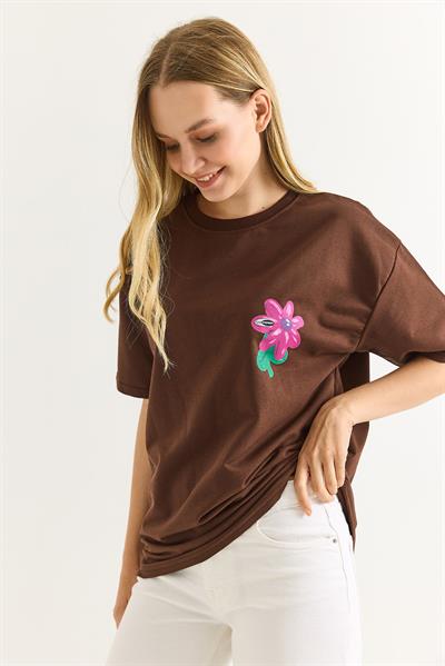 Baskılı Bisiklet Yaka Basic Tshirt Kahverengi