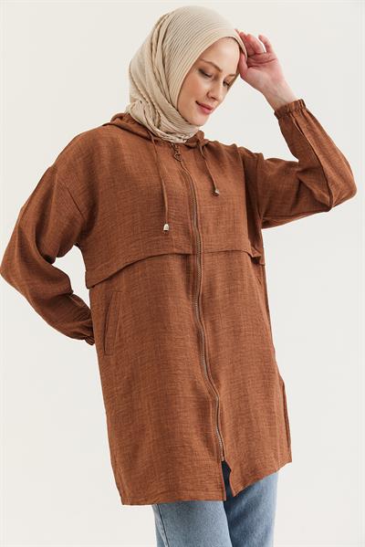 Araboy Kapşonlu Keten Kap Kahverengi