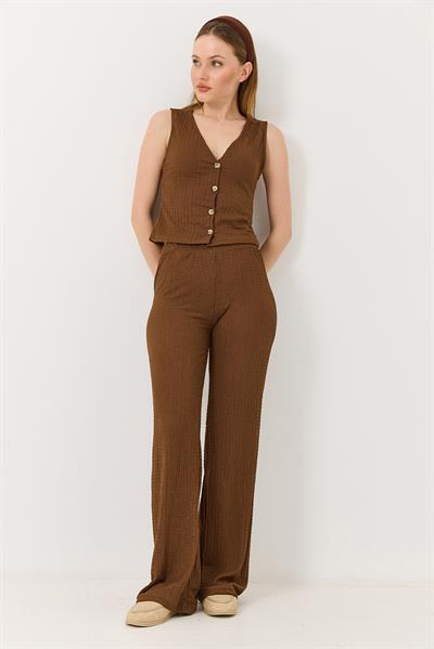 Crop Yelek Pantolon İkili Takım Kahverengi