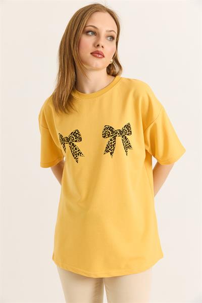 Kurdele Baskı Detaylı Basic TShirt  Sarı