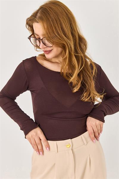 Kayık Yaka Kaşmir Uzun Kollu Bluz Kahverengi