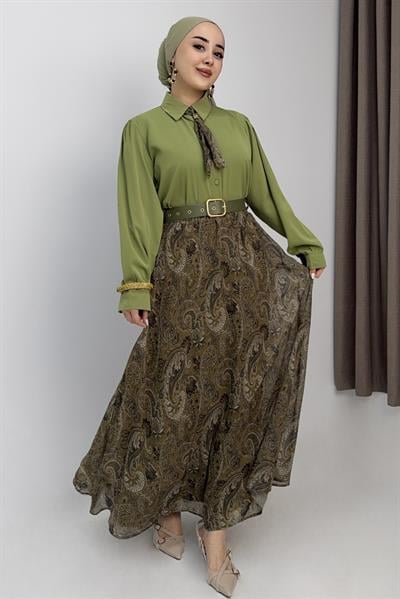 Kadın Kemerli Şifon Etek Üstü Gömlek Fularlı Takım Yeşil