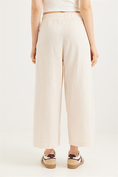 Yanları  Düğmeli  Bol Kesim Keten Pantolon  Krem