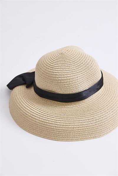 Fiyonk Detaylı Kadın Hasır Plaj Havuz Şapkası Bej