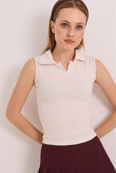 Sıfır Kol Polo Yaka Basıc Örme Kaşkorse Bluz Ekru