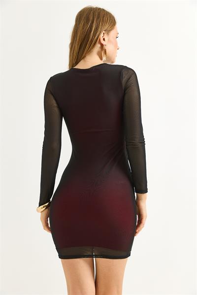 Tül Drape Detaylı Kadın Siyah Mini Elbise Bordo