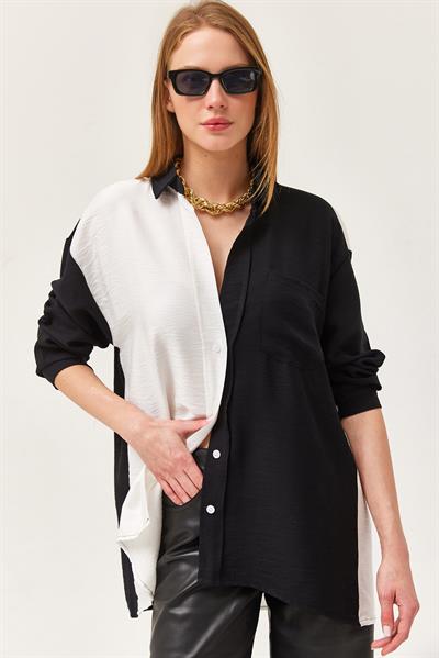 Renk Bloklu Oversize Lilyum Gömlek Siyah
