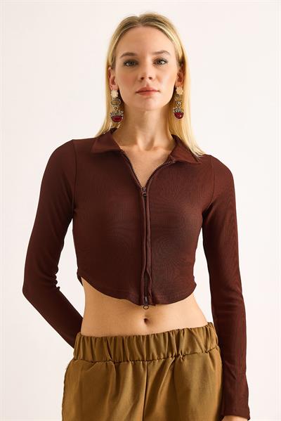 Kadın Polo Yaka Fermuarlı  Fitilli Kaşkorse Crop Kahverengi