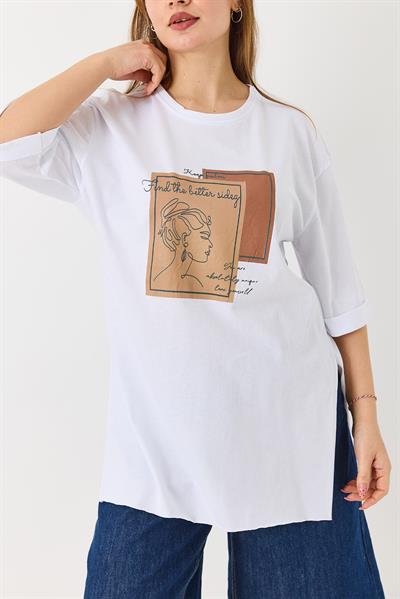 Kadın Figürlü Baskılı Bisiklet Yaka Tshirt Beyaz