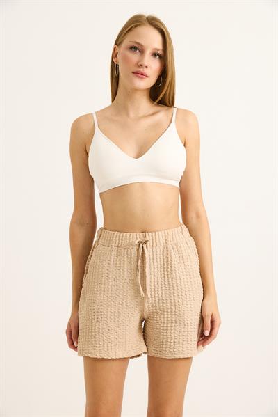 Gofre Kumaş Bel Lastikli Kadın Şort Vizon