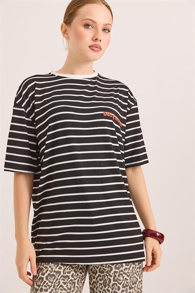 Karikatür Up Baskılı Çizgili Salaş Tshirt Siyah