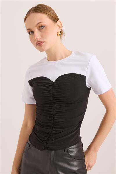 Büzgü Detaylı Straplez Görünümlü Premium Bluz	Siyah