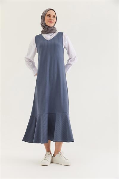 Çizgili Sıfır Kol Beli Kuşaklı Elbise Gri