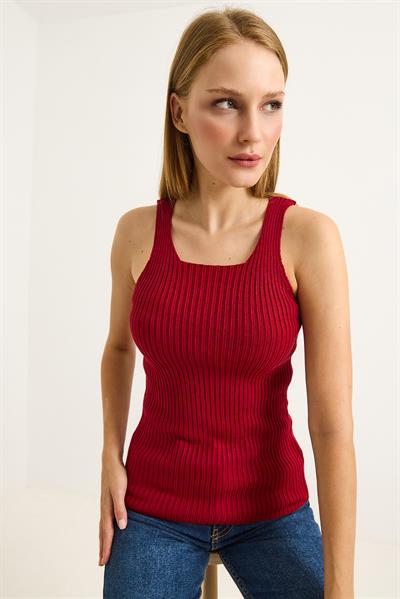 Kare Yaka Kalın Askılı Triko Atlet Bluz Bordo