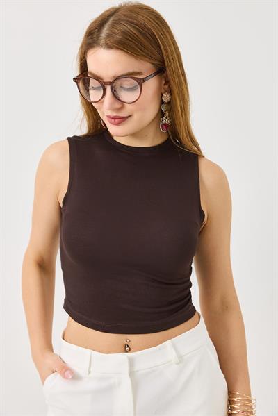 Full Transparan Kaşmir Askılı Crop Bluz Kahverengi