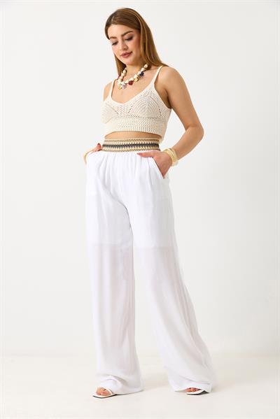 Kadın Beli Etnik Desen Keten Salaş Pantolon Beyaz