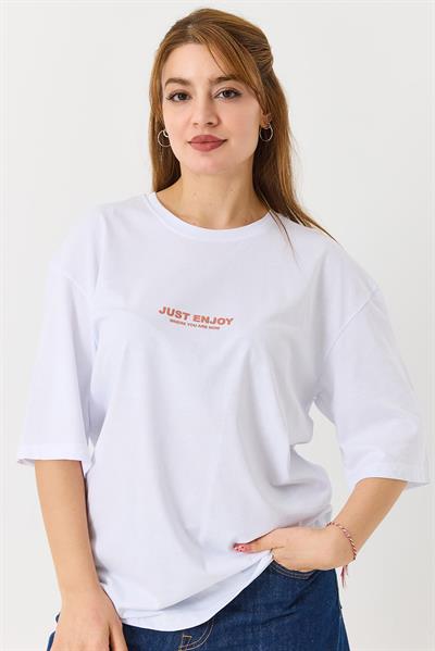 Kadın Yazı Baskılı Bisiklet Yaka Tshirt Beyaz