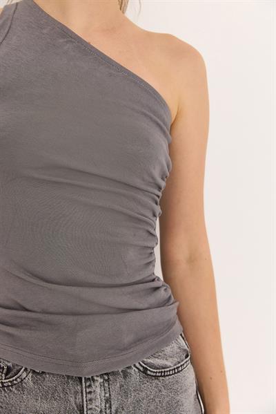 Tek Omuz Esnek Kumaş Bluz Gri