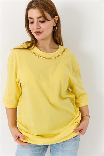 Kadın Yakası Gold Zincirli Bisiklet Yaka Tshirt Sarı