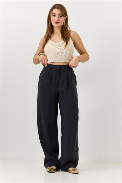 Kadın Yüksek Bel Rahat Kesim Mevsimlik Pantolon Siyah