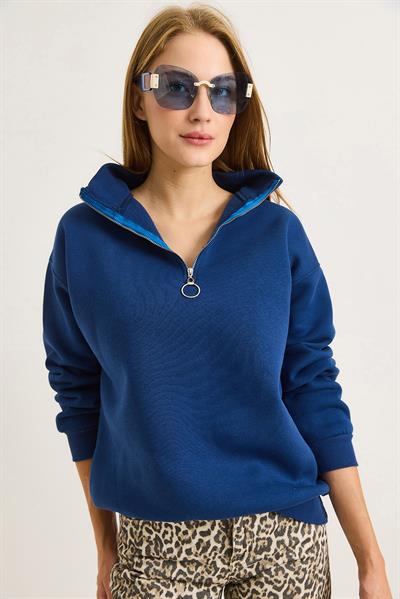 Kadın Yaka Fermuarlı 2 İplik Sweatshirt Lacivert