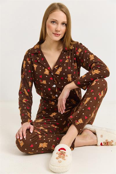 Kadın Ayıcık Baskılı Kahverengi Polo Yaka Pamuklu Pijama Takımı